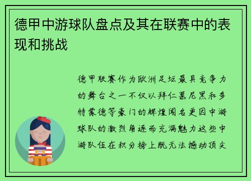 德甲中游球队盘点及其在联赛中的表现和挑战